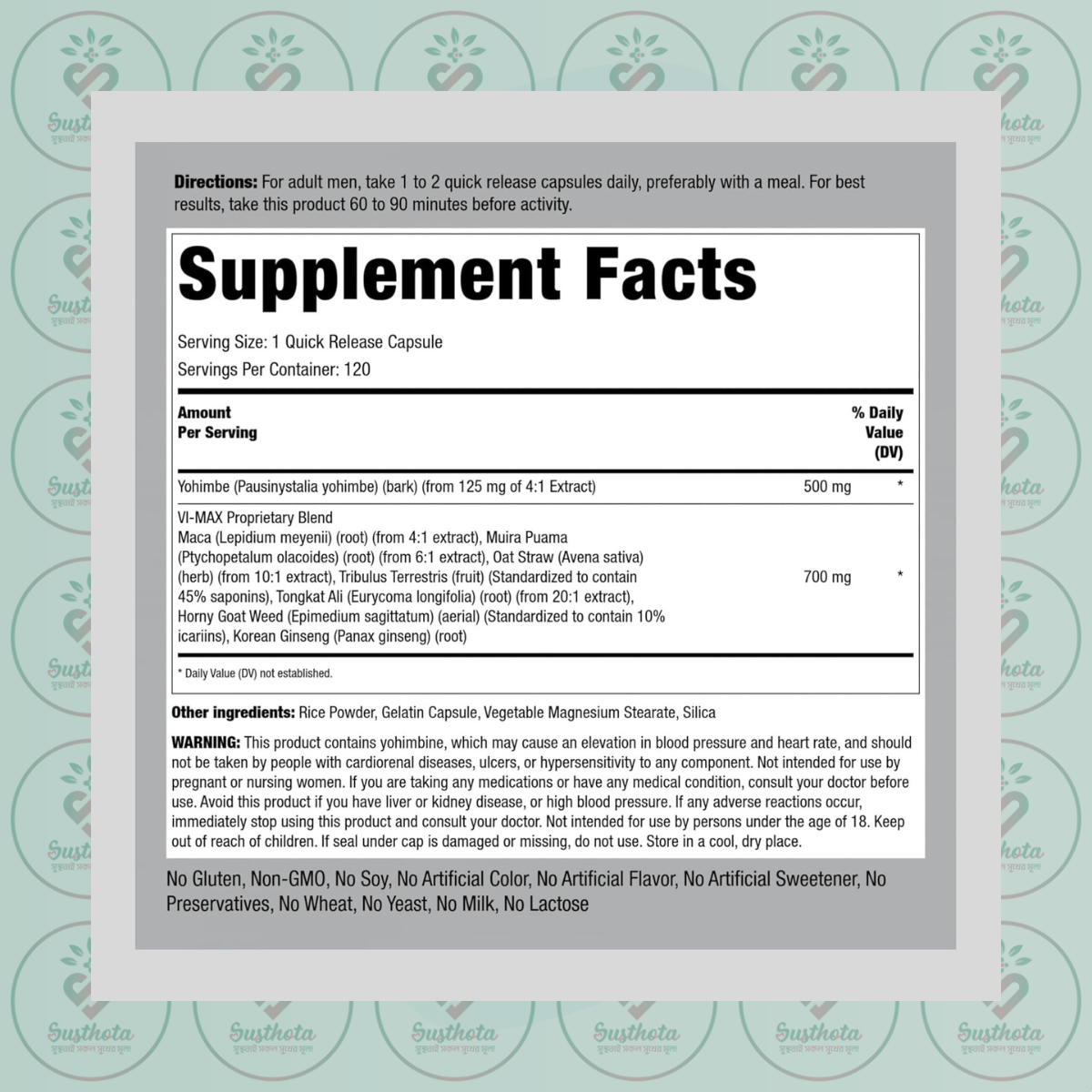 Piping Rock Vi-Max Male Formula - 120 Quick Release Capsules In Bangladesh Supplement Facts Piping Rock Vi-Max Male Formula - 120 Quick Release Capsules In Bangladesh Supplement Facts
