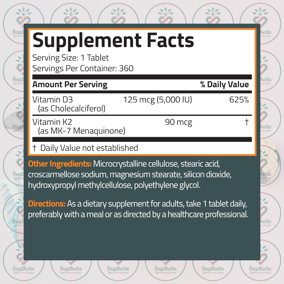 Bronson Basics Vitamin K2 Plus D3 (MK7) - 360 Tablets in Bangladesh Supplement Facts