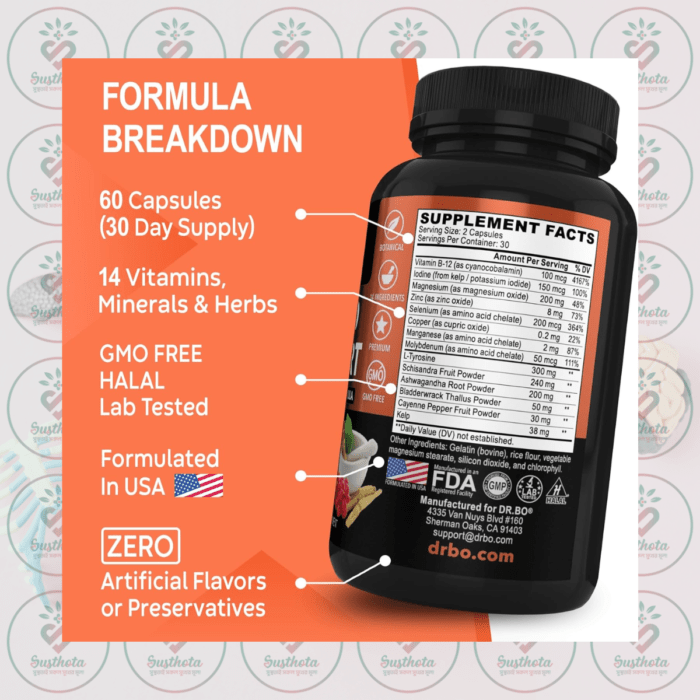 Dr. Bo Thyroid Support For Women &Amp; Men - 60 Capsules In Bangladesh Supplement Facts