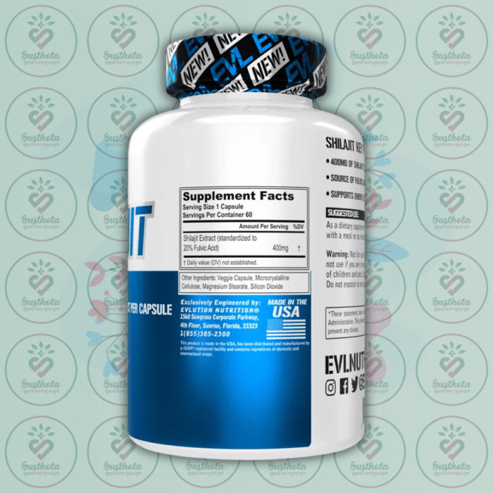Evlution Nutrition Shilajit - 400Mg - 60 Veggie Capsules In Bangladesh Supplement Facts