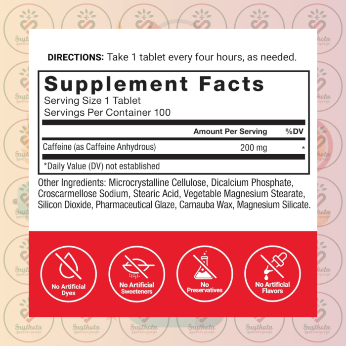 Force Factor Caffeine Pills - 200Mg - 100 Tablets In Bangladesh Supplement Facts