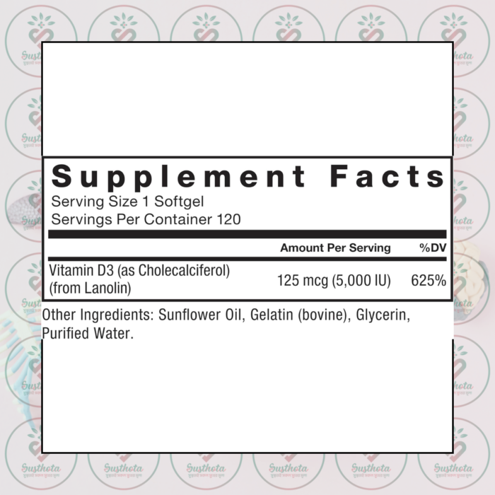 Force Factor Vitamin D3 – 125 Mcg – 5000 Iu – 120 Softgels In Bangladesh Supplement Facts