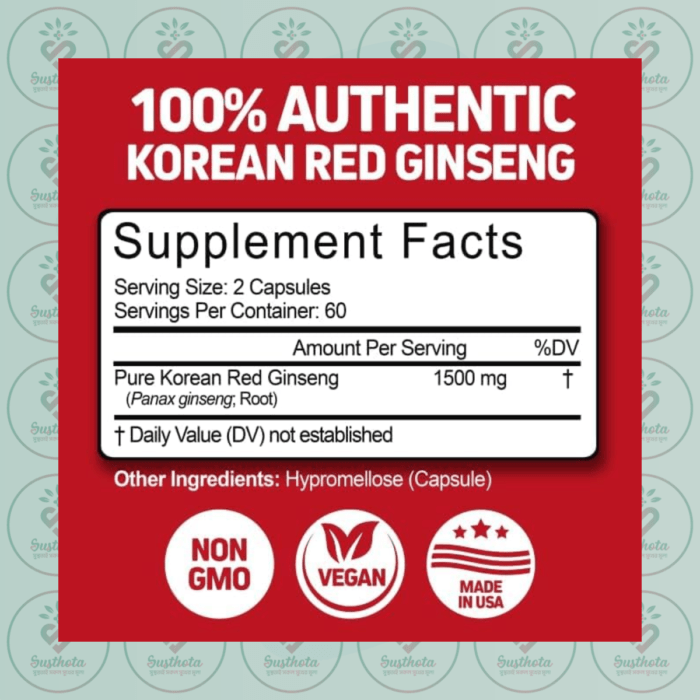 Herbtonics Korean Red Panax Ginseng – 1500Mg – 120 Vegetarian Capsules In Bangladesh Supplement Facts
