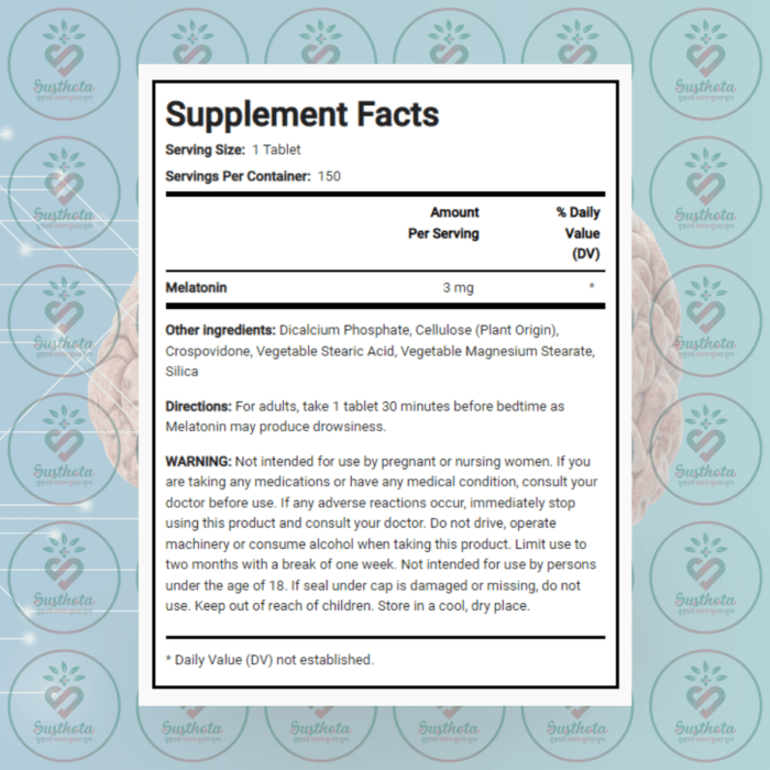 Nature'S Reward Melatonin 3 Mg - 150 Tablets In Bangladesh Supplement Facts