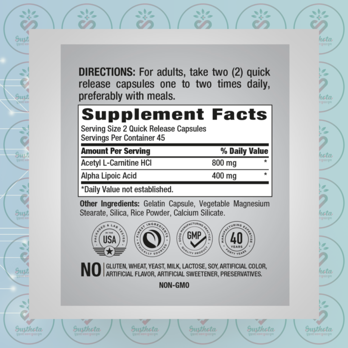 Piping Rock Acetyl L-Carnitine 800 Mg &Amp; Alpha Lipoic Acid 400 Mg - 90 Quick Release Capsules In Bangladesh Supplement Facts