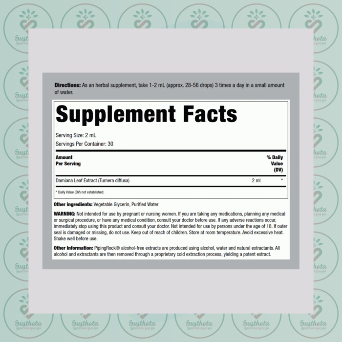 Piping Rock Damiana Leaf Liquid Extract – 59 Ml Dropper Bottle In Bangladesh Supplement Facts
