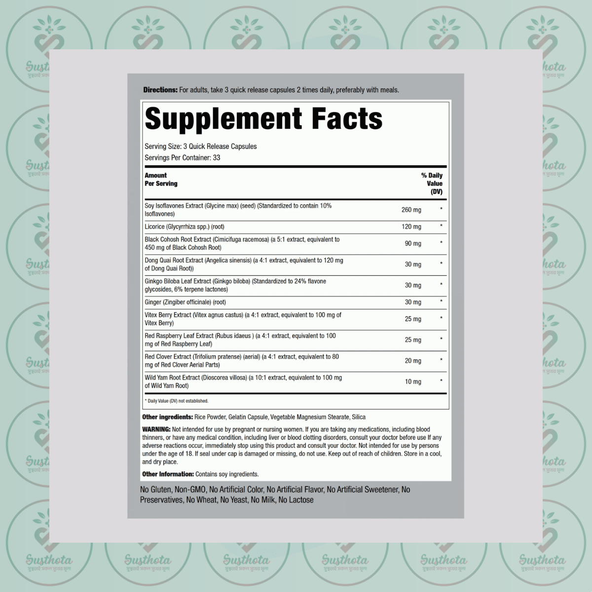 Piping Rock Menopause Ease - 100 Quick Release Capsules In Bangladesh Supplement Facts Piping Rock Menopause Ease - 100 Quick Release Capsules In Bangladesh Supplement Facts