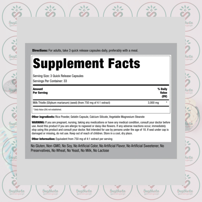 Piping Rock Milk Thistle Seed Extract - 3000 Mg - 100 Quick Release Capsules In Bangladesh Supplement Facts