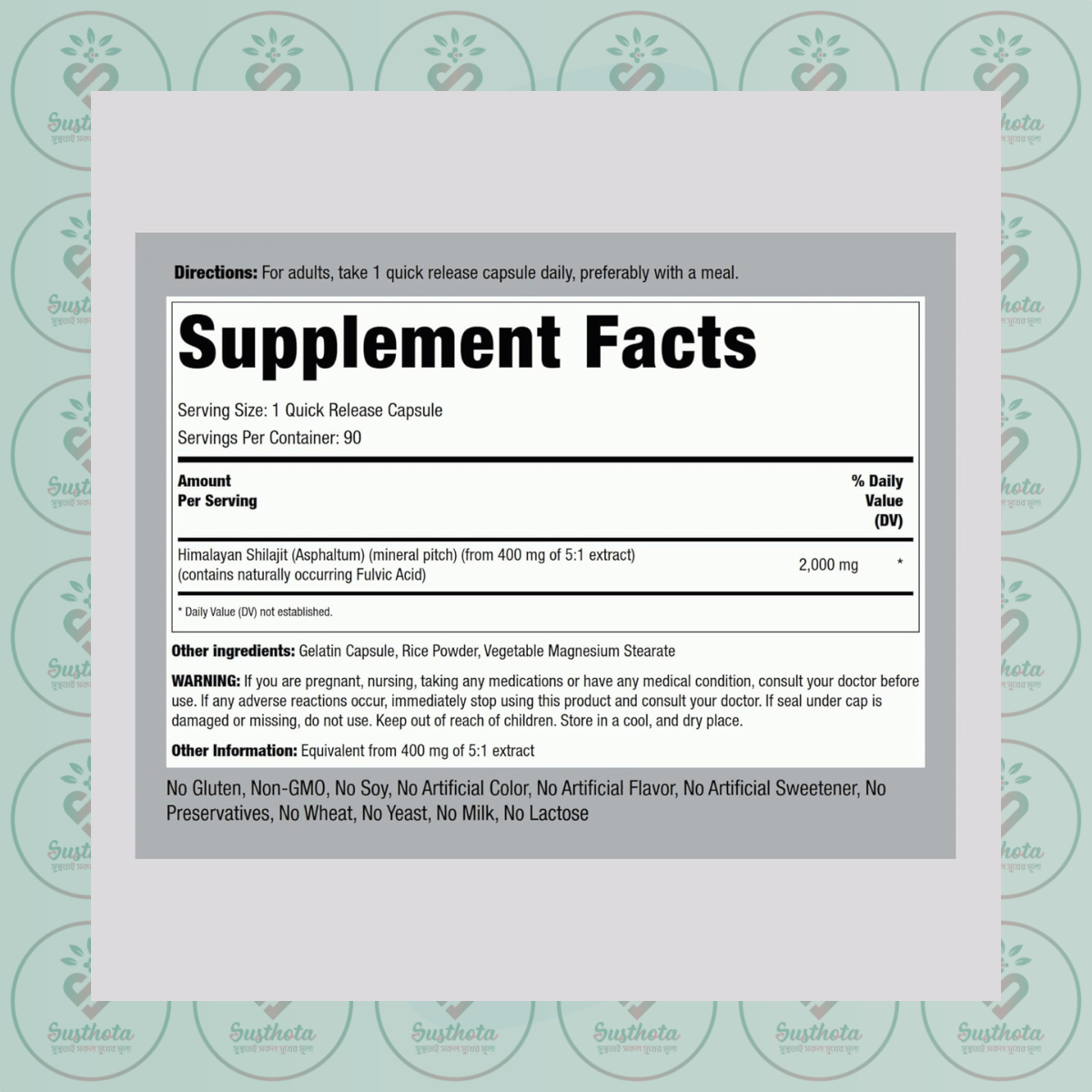 Piping Rock Shilajit Extract - 2000 Mg - 90 Quick Release Capsules In Bangladesh Supplement Facts Piping Rock Shilajit Extract - 2000 Mg - 90 Quick Release Capsules In Bangladesh Supplement Facts