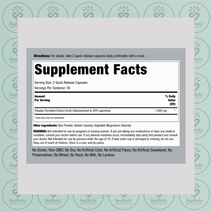 Piping Rock T1000 Tribulus Mega - 1000 Mg - 100 Quick Release Capsules In Bangladesh Supplement Facts