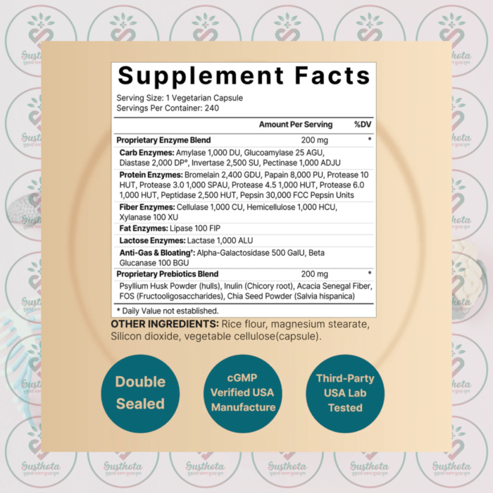 Naturebell Digestive Enzymes - 400Mg - 240 Vegetarian Capsules In Bangladesh Supplement Facts