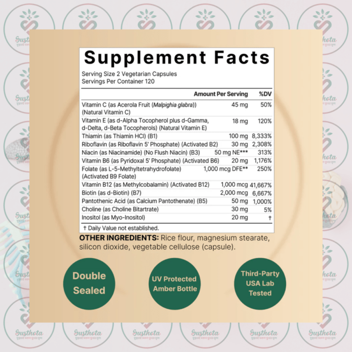 Naturebell Methylated B Complex Vitamins - 240 Vegetarian Capsules In Bangladesh Supplement Facts