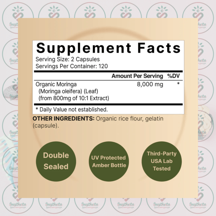 Naturebell Moringa - 8,000Mg- 240 Capsules In Bangladesh Supplement Facts