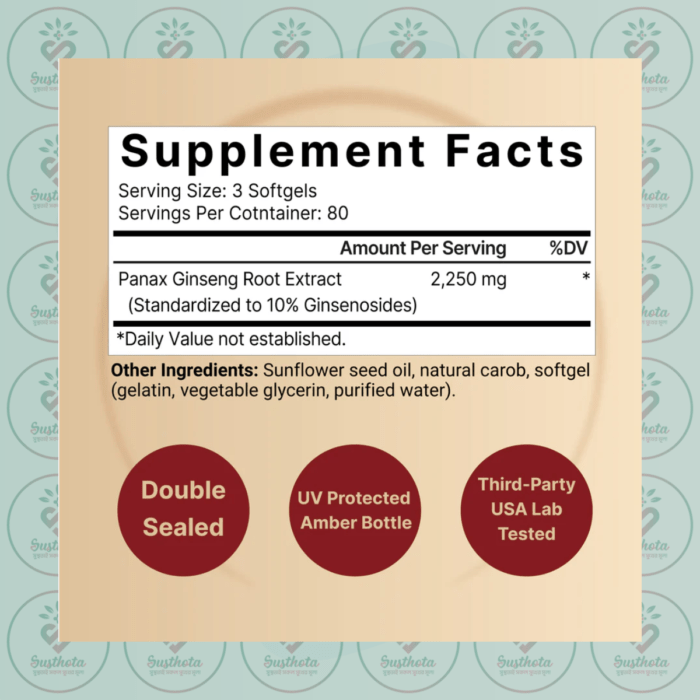 Naturebell Panax Korean Red Ginseng - 2250Mg - 240 Softgels In Bangladesh Supplement Facts