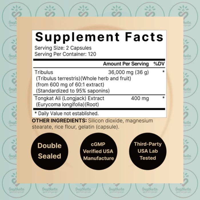 Naturebell Tribulus Terrestris - 36,000Mg - 240 Capsules In Bangladesh Supplement Facts