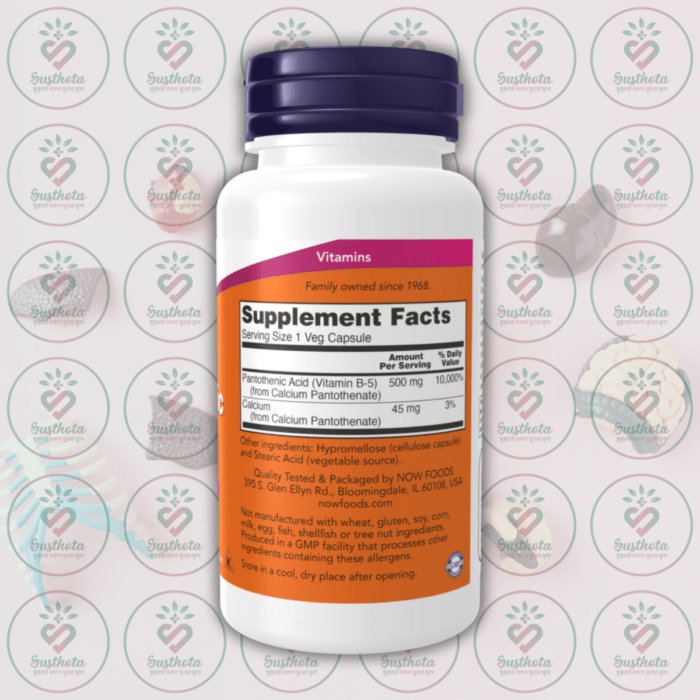 Now Pantothenic Acid (B-Complex Vitamin) - 500Mg - 100 Veg Capsules In Bangladesh Supplement Facts