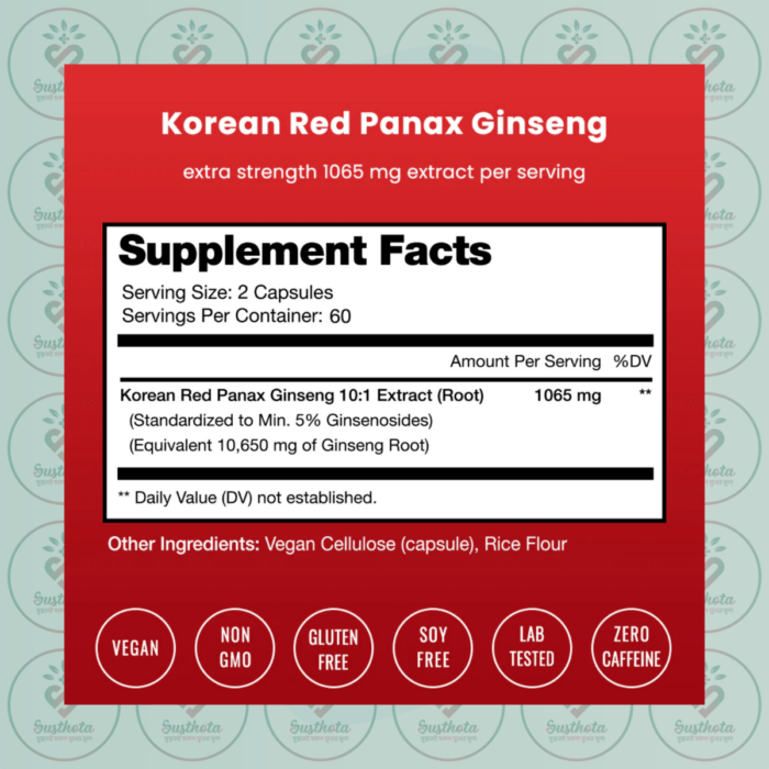 Nutrachamps Korean Panax Ginseng - 10,650 Mg - 120 Vegan Capsules In Bangladesh Supplement Facts