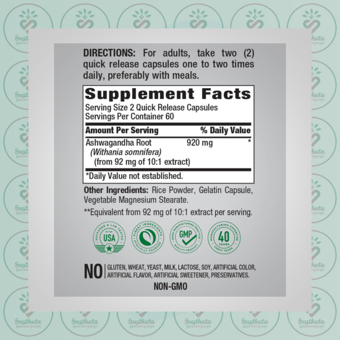 Piping Rock Ashwagandha Root - 920Mg - 120 Quick Release Capsules In Bangladesh Supplement Facts