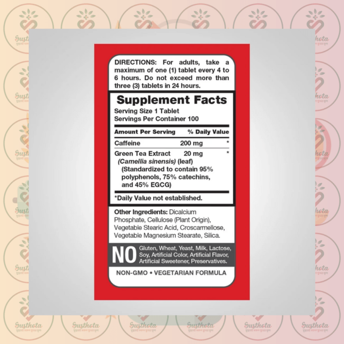 Piping Rock Caffeine With Green Tea - 200Mg - 100 Tablets In Bangladesh Supplement Facts