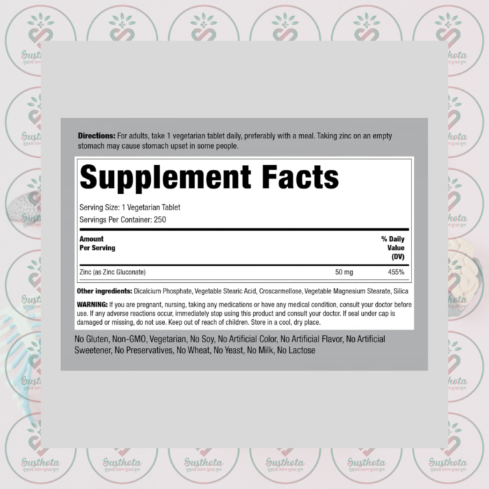 Piping Rock Chelated Zinc - 50Mg - 250 Tablets In Bangladesh Supplement Facts