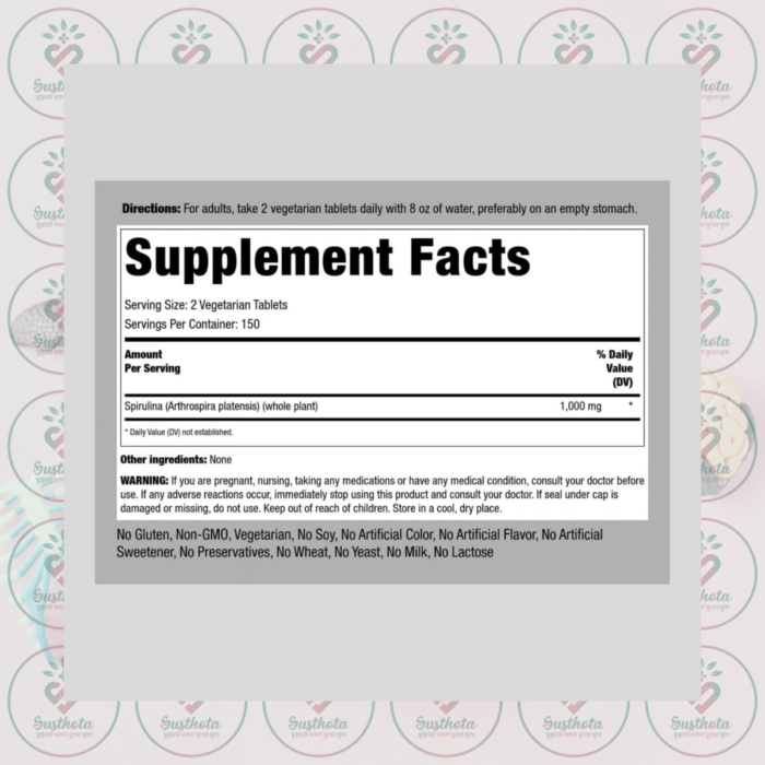 Piping Rock Organic Spirulina - 1000Mg - 300 Vegetarian Tablets In Bangladesh Supplement Facts