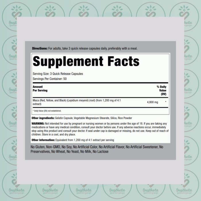 Piping Rock Red Yellow Black Maca - 4800Mg - 150 Quick Release Capsules In Bangladesh Supplement Facts