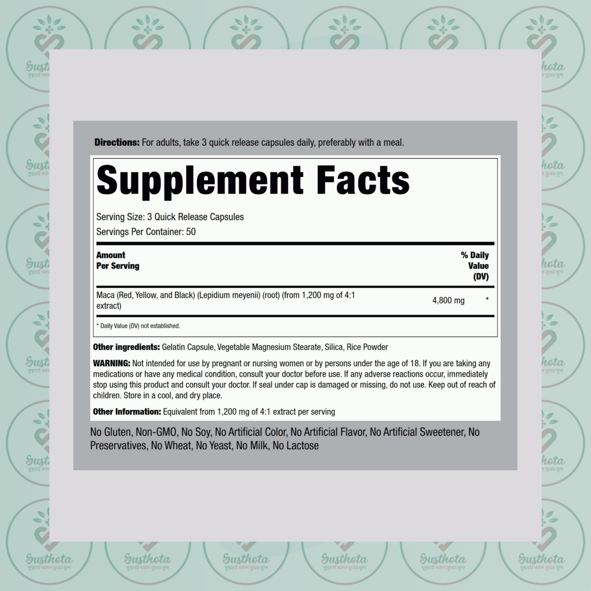 Piping Rock Red Yellow Black Maca - 4800Mg - 150 Quick Release Capsules In Bangladesh Supplement Facts Piping Rock Red Yellow Black Maca - 4800Mg - 150 Quick Release Capsules In Bangladesh Supplement Facts
