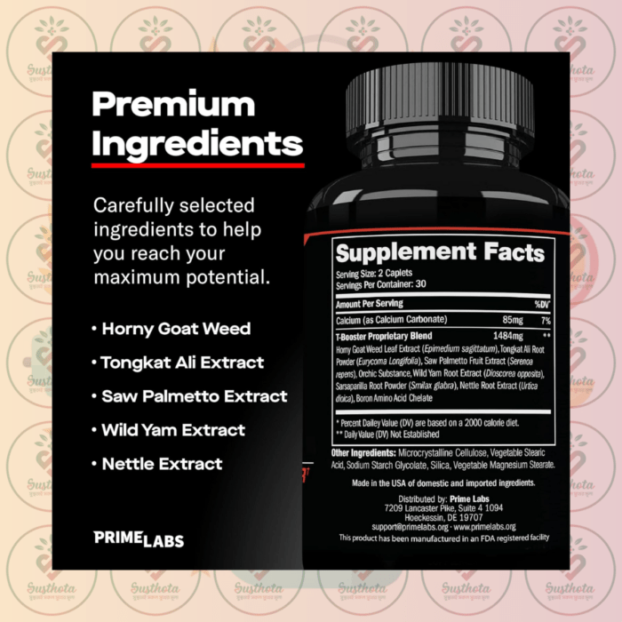 Prime Labs Prime Test Testosterone Booster - 60 Caplets In Bangladesh Supplement Facts