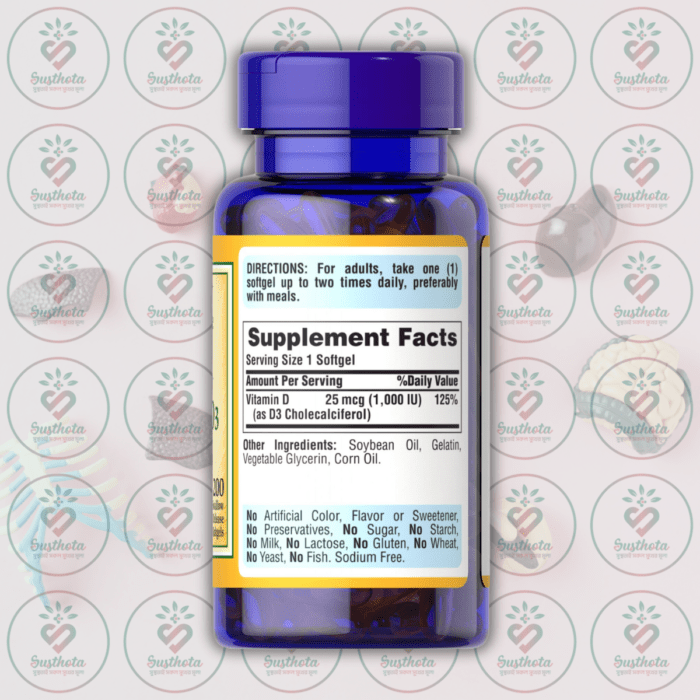 Puritan'S Pride Vitamin D3 - 25Mcg (1000 Iu) - 200 Rapid Release Softgels In Bangladesh Supplement Facts