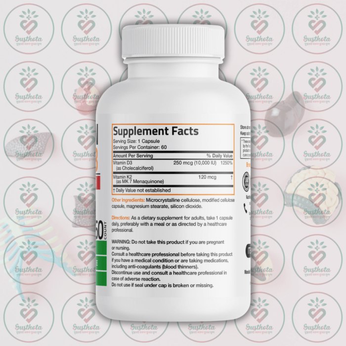 Bronson Vitamin K2 + D3 Extra Strength - 10,000 Iu D3 &Amp; 120 Mcg K2 - 60 Capsules In Bangladesh Supplement Facts