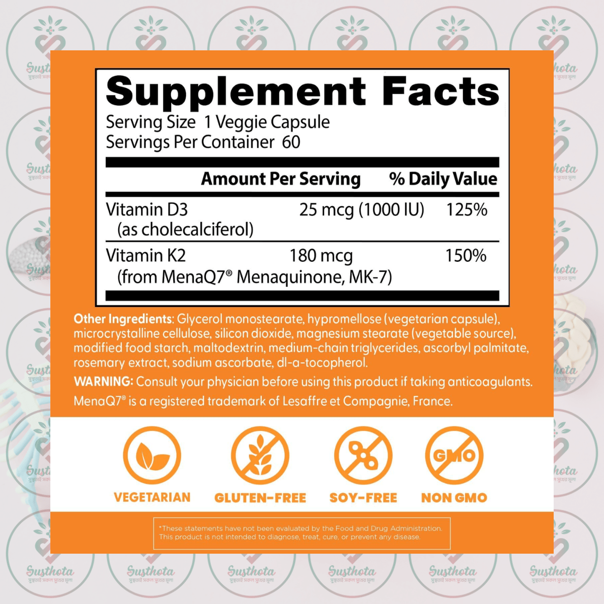 Doctor's Best Natural Vitamin K2 Mk-7 - 100 Mcg - 60 Veggie Capsules In Bangladesh Supplement Facts Doctor's Best Natural Vitamin K2 Mk-7 - 100 Mcg - 60 Veggie Capsules In Bangladesh Supplement Facts