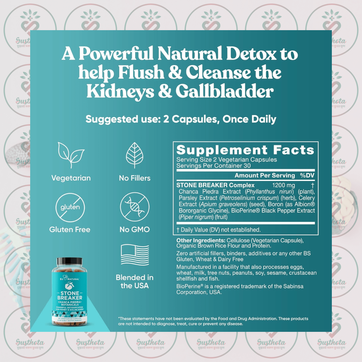 EU Natural Stone Breaker - Chanca Piedra+ Botanicals - 1200mg - 60 Vegetarian Capsules in Bangladesh Supplement Facts