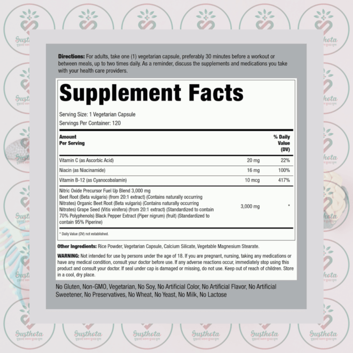 Fitness Labs Nitric Oxide+ Beetfit Pro - 3000 Mg - 120 Vegetarian Capsules In Bangladesh Supplement Facts