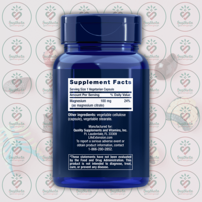 Life Extension Magnesium (Citrate) - 100 Mg - 100 Vegetarian Capsules In Bangladesh Supplement Facts
