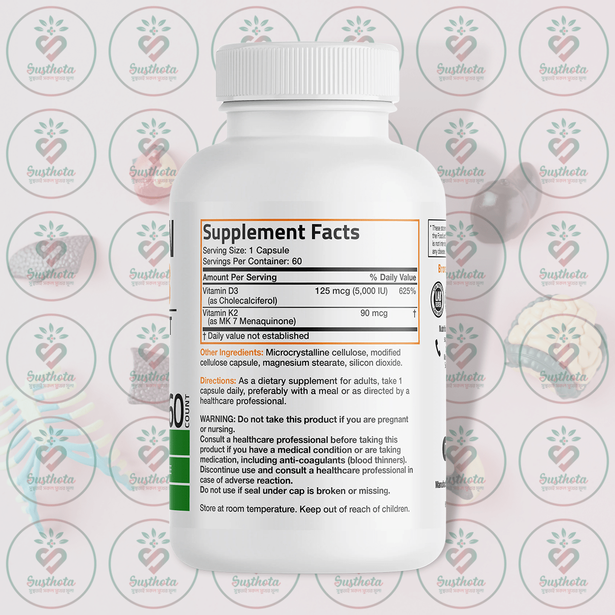 Bronson Vitamin K2 + D3 – 5000 IU D3 & 90 mcg K2 MK-7 – 60 Capsules in Bangladesh Supplement Facts