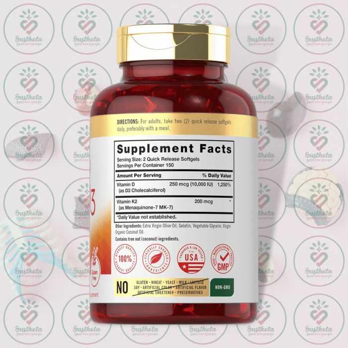 Carlyle Vitamin K2 + D3 Potent Complex – 200 Mcg K2 + 250 Mcg D3 – 300 Softgels In Bangladesh Supplement Facts