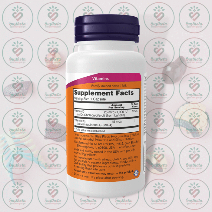 Now Vitamin D-3 &Amp; K-2 - 1,000 Iu - 45 Mcg - 120 Capsules In Bangladesh Supplement Facts