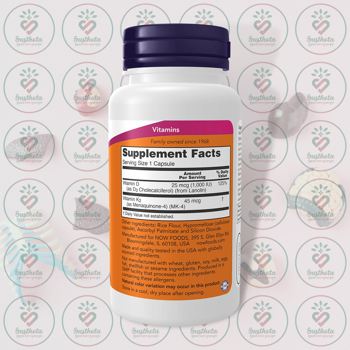 NOW Vitamin D-3 & K-2 - 1,000 IU - 45 mcg - 120 Capsules in Bangladesh Supplement Facts