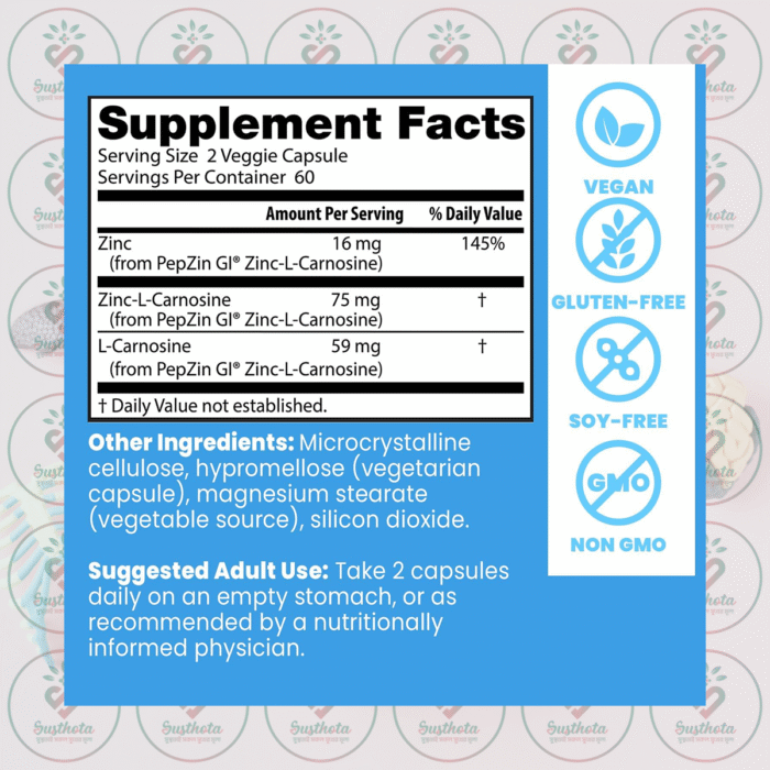 Doctor'S Best Pepzin Gi - Zinc-L-Carnosine Complex - 120 Veggie Caps In Bangladesh Supplement Facts