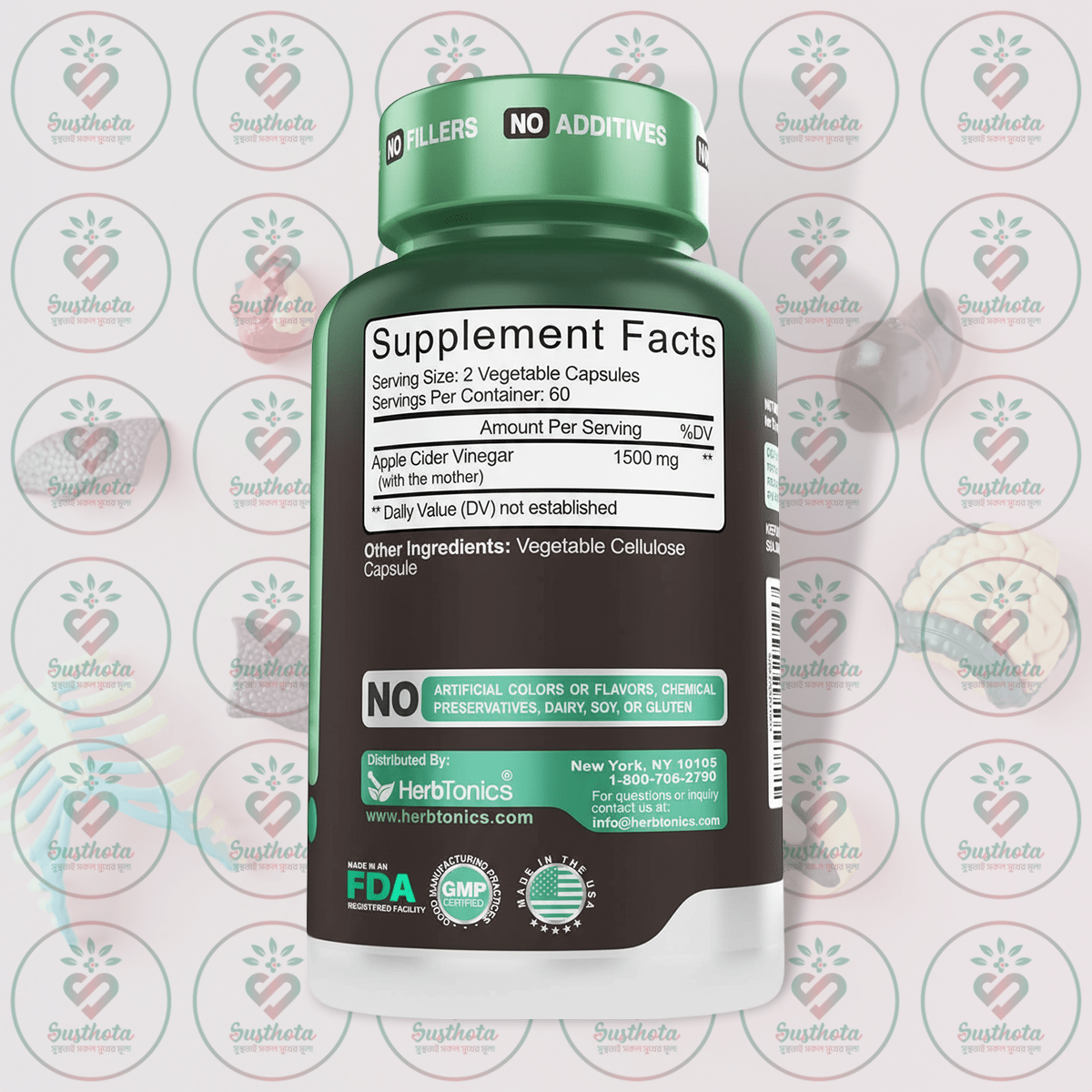 Herbtonics Raw Apple Cider Vinegar With The Mother - 1500Mg - 120 Vegetarian Capsules In Bangladesh Supplement Facts Herbtonics Raw Apple Cider Vinegar With The Mother - 1500Mg - 120 Vegetarian Capsules In Bangladesh Supplement Facts