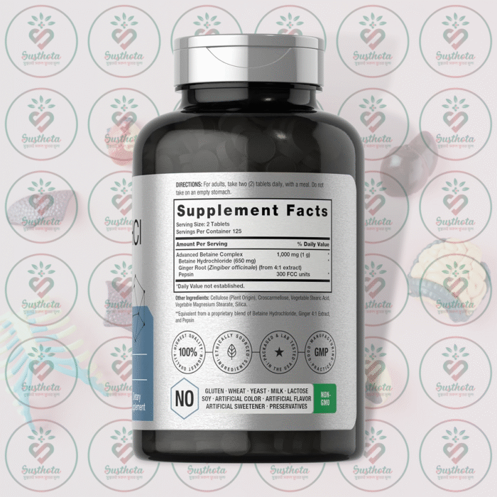 Horbäach Betaine Hcl + Pepsin With Ginger - 1000Mg - 250 Tablets In Bangladesh Supplement Facts