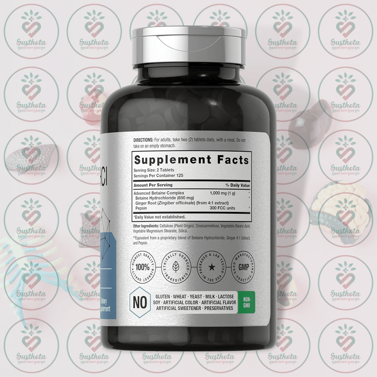 Horbäach Betaine Hcl + Pepsin With Ginger - 1000Mg - 250 Tablets In Bangladesh Supplement Facts Horbäach Betaine Hcl + Pepsin With Ginger - 1000Mg - 250 Tablets In Bangladesh Supplement Facts