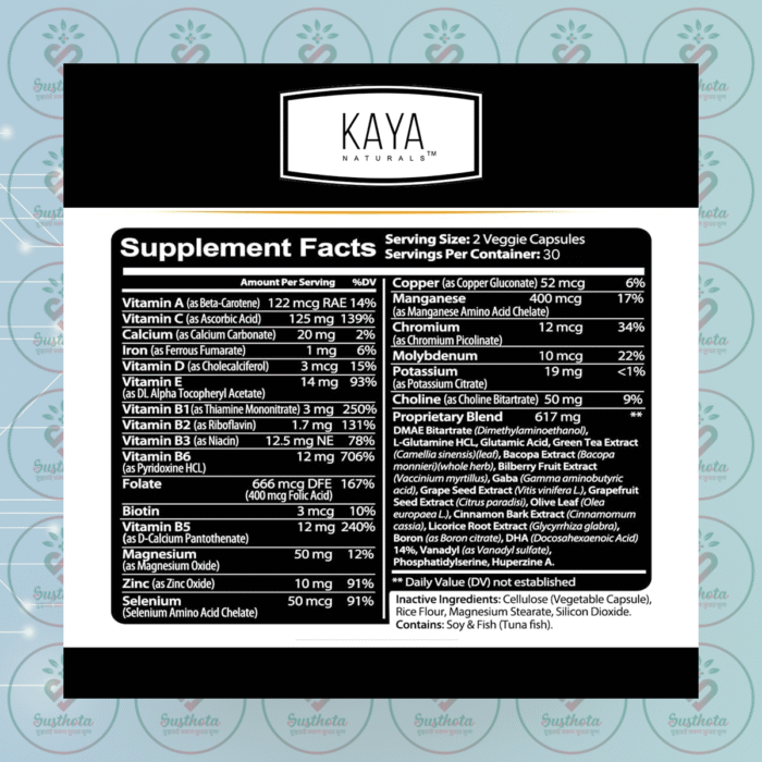 Kaya Neuro Brain &Amp; Focus – 600Mg Plus – 60 Vegetable Capsules In Bangladesh Supplement Facts