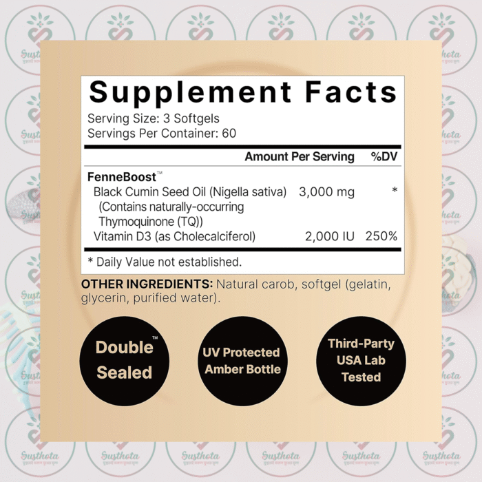 Naturebell Black Seed Oil – 3000 Mg – 180 Softgels With Vitamin D3 In Bangladesh Supplement Facts