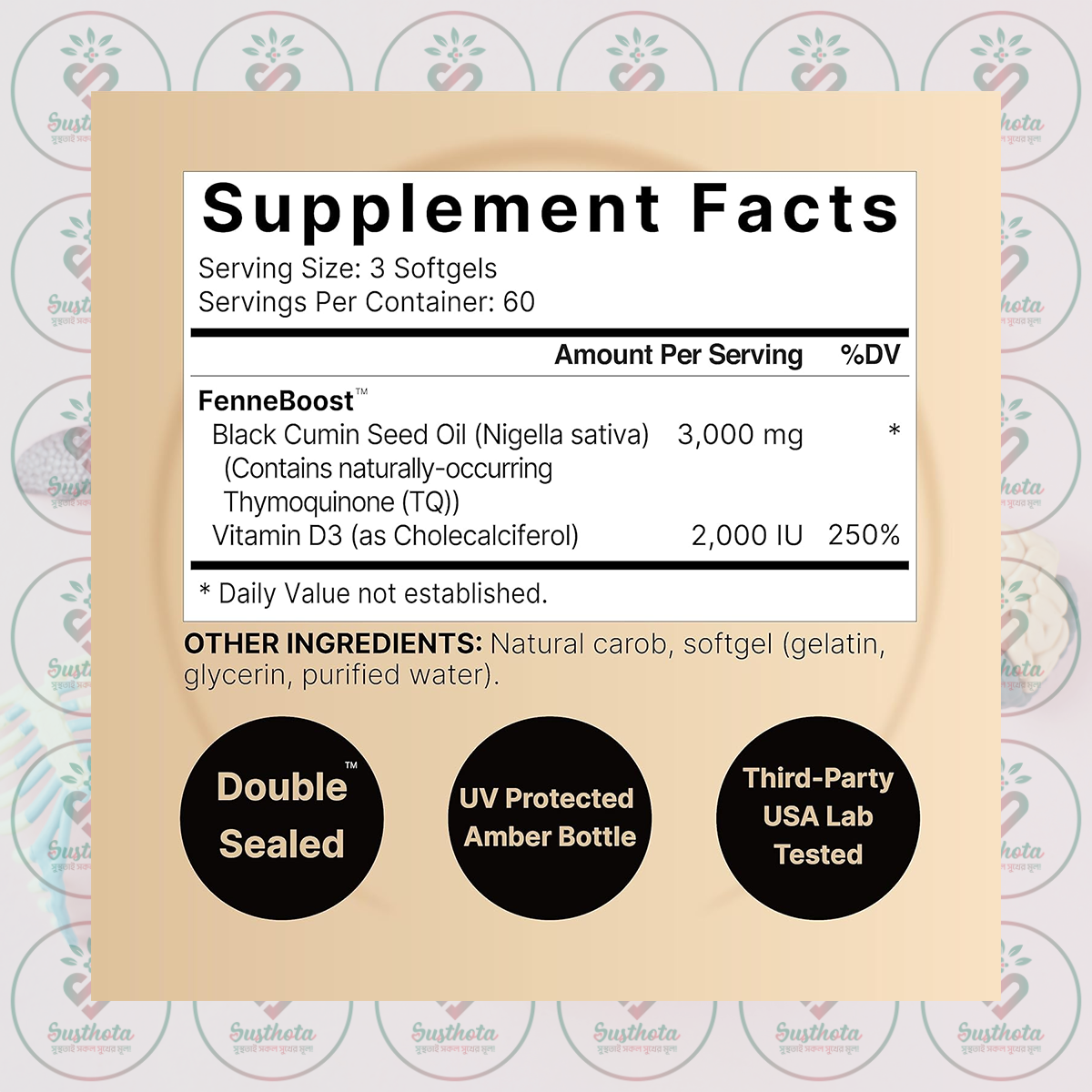 Naturebell Black Seed Oil – 3000 Mg – 180 Softgels With Vitamin D3 In Bangladesh Supplement Facts Naturebell Black Seed Oil – 3000 Mg – 180 Softgels With Vitamin D3 In Bangladesh Supplement Facts