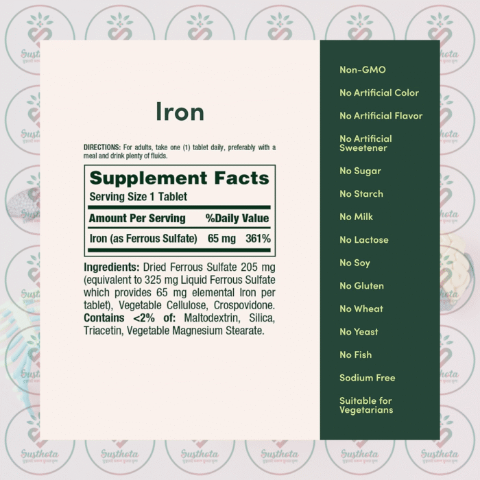 Nature'S Bounty Iron - 65 Mg - 100 Tablets In Bangladesh Supplement Facts