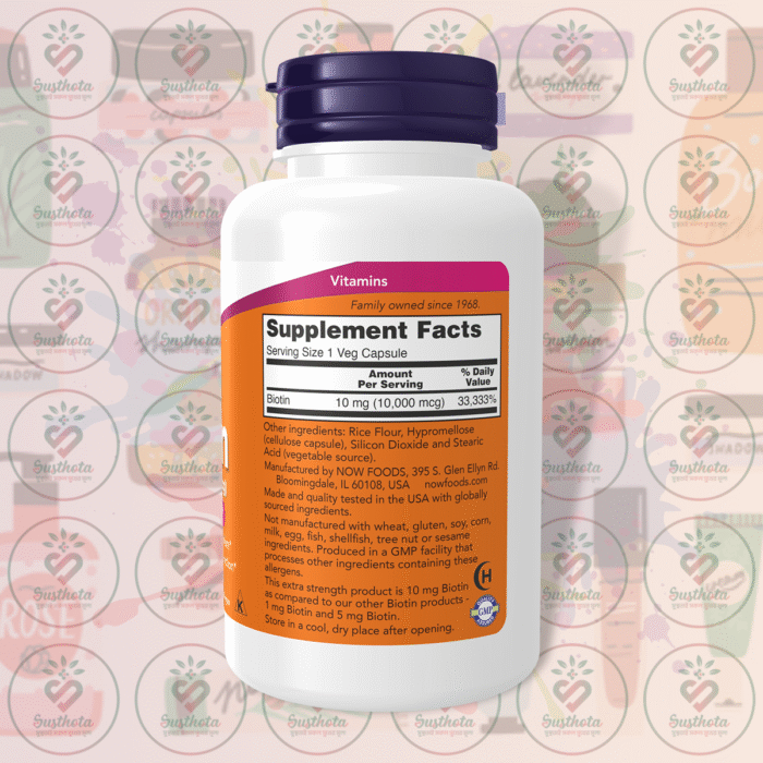 Now Extra Strength Biotin – 10 Mg (10,000 Mcg) – 120 Veg Capsules In Bangladesh Supplement Facts