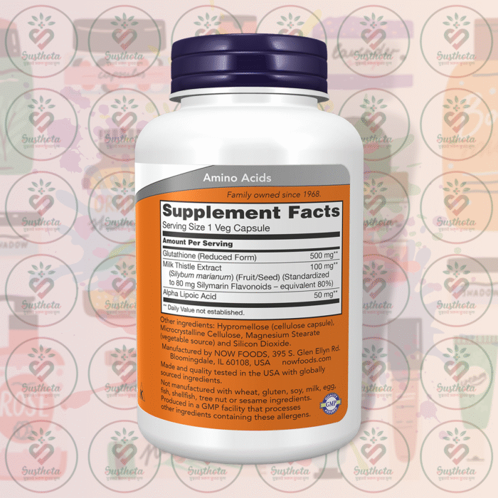 Now Glutathione – 500 Mg – 120 Veg Capsules In Bangladesh Supplement Facts