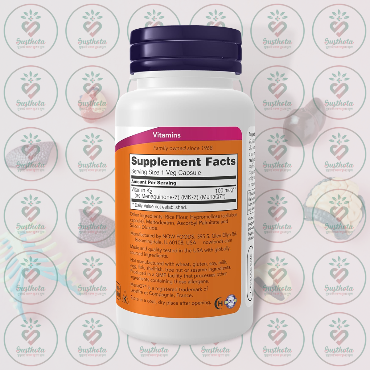 NOW MK-7 Vitamin K2 – 100 mcg – 120 Veg Capsules in Bangladesh Supplement Facts