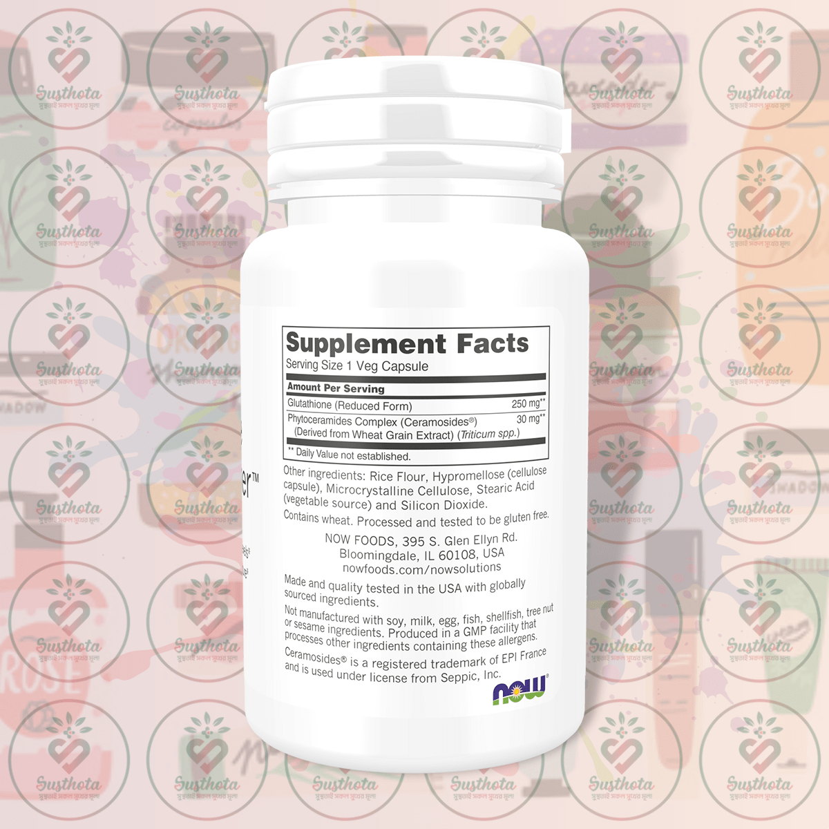 Now Solutions Glutathione Skin Brightener With Ceramosides - 250 Mg - 30 Veg Capsules In Bangladesh Supplement Facts Now Solutions Glutathione Skin Brightener With Ceramosides - 250 Mg - 30 Veg Capsules In Bangladesh Supplement Facts